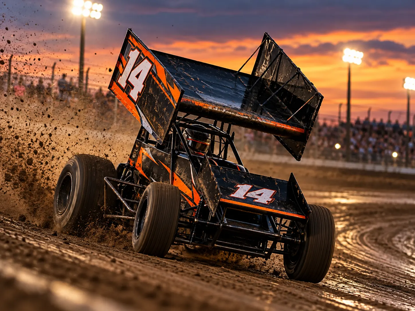 Sprint car sliding at sunset