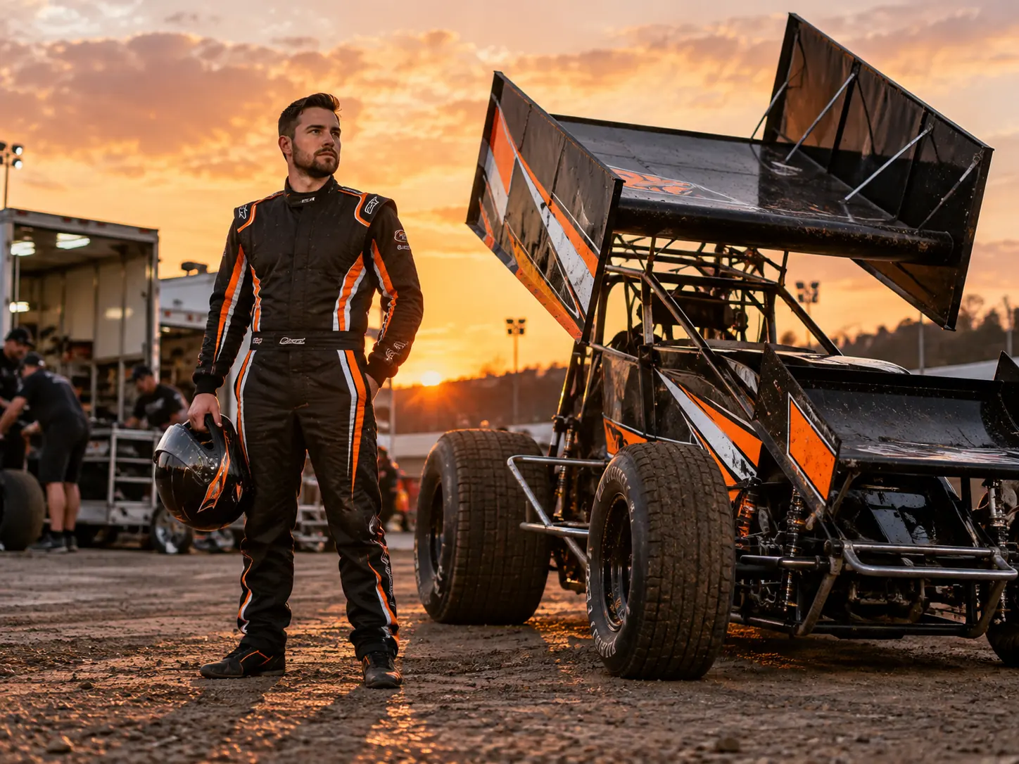 Driver standing beside sprint car at sunset