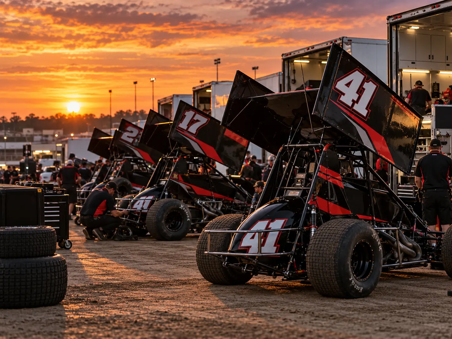 Sprint cars in paddock at sunset