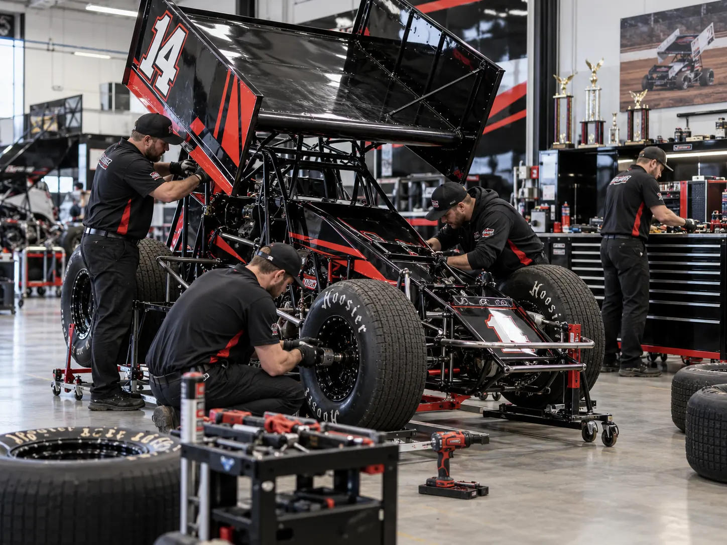 Sprint car crew working in the shop